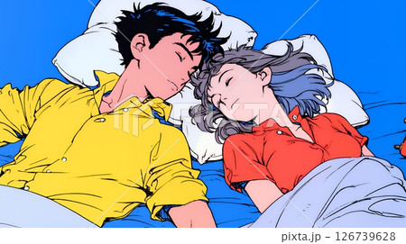 寄り添いながら穏やかに眠る若いカップル