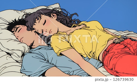 寄り添いながら穏やかに眠る若いカップル