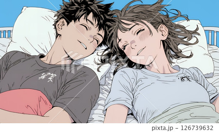 寄り添いながら穏やかに眠る若いカップル