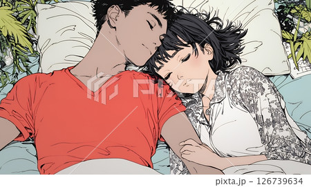 寄り添いながら穏やかに眠る若いカップル