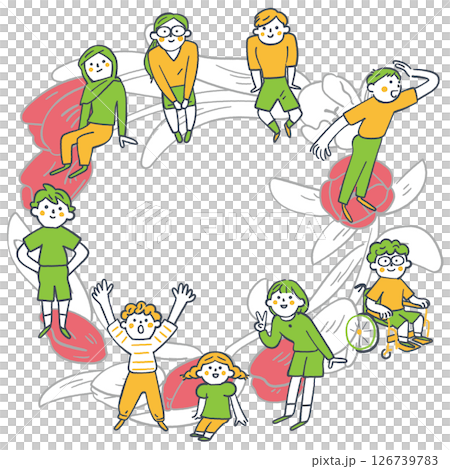 円を描いて集まる年齢学年の違う小学生、子供たち々　ストックイラスト素材	 126739783