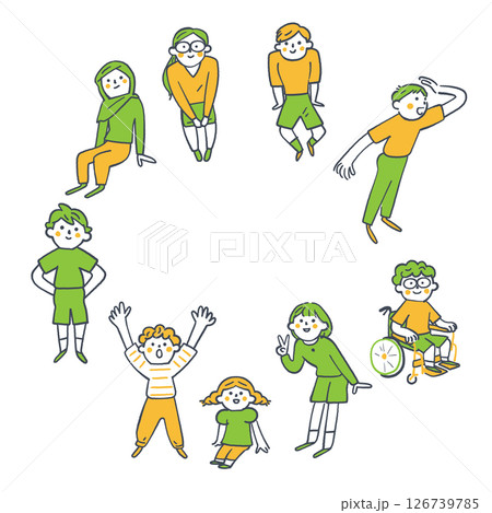 円を描いて集まる年齢学年の違う小学生、子供たち々　ストックイラスト素材	 126739785