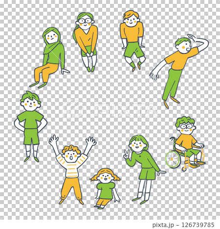 円を描いて集まる年齢学年の違う小学生、子供たち々　ストックイラスト素材	 126739785