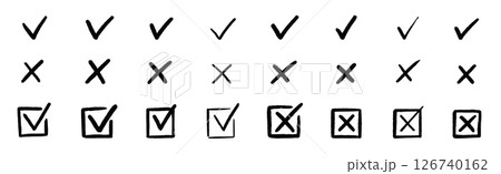 Check tick mark icon set. Cross box x check mark checkbox v list vector draw hand drawn sketch doodle brush marker checklist symbol wrong right circle. Vector Check tick mark icon set. Cross box x check mark checkbox v list vector draw hand drawn sketch doodle brush marker checklist symbol wrong right circle. Vector 126740162