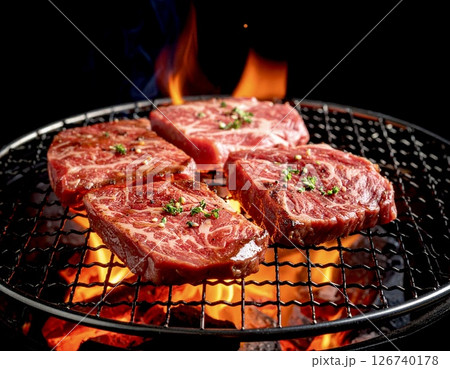 炭火で豪快に焼かれる牛肉のアップ 126740178