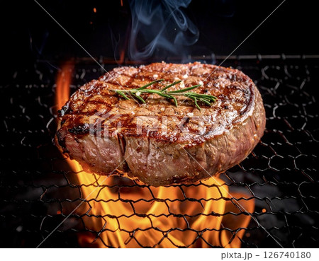 炭火で豪快に焼かれる分厚いステーキ肉とローズマリーの香 126740180