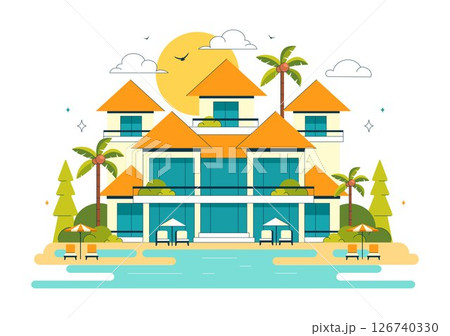 Beach Resort Vector Illustration Featuring Beautiful Tropical Island Scenery with a Villa Hotel, Stunning Seaside Landscape, and Lush Green Palm Trees 126740330