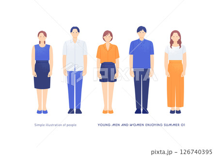 夏の装いの若い男女5人組 正面全身ベクターイラスト素材 126740395