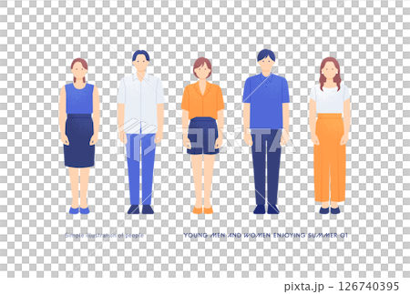 夏の装いの若い男女5人組 正面全身ベクターイラスト素材 126740395