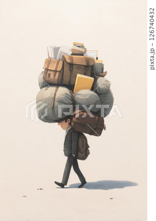 Office worker carrying heavy backpack, overloaded, tired, business, stress, paperwork, walking 126740432
