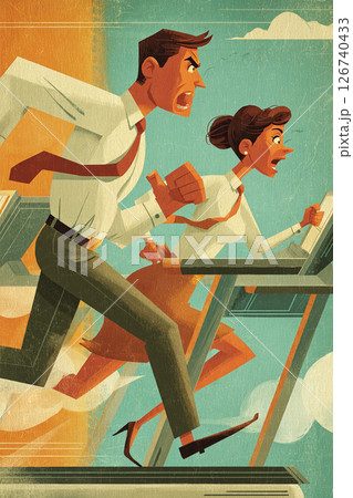 Businessman businesswoman running office competition treadmill urgency stress 126740433