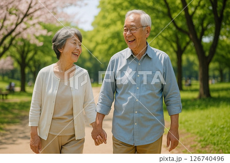 桜の並木道を手をつないで歩く高齢夫婦 126740496
