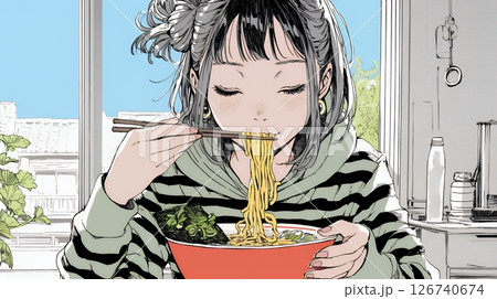 ラーメンを食べている若い女性