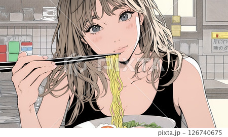 ラーメンを食べている若い女性