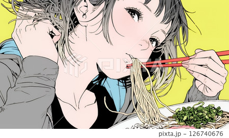 ラーメンを食べている若い女性