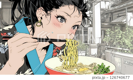 ラーメンを食べている若い女性