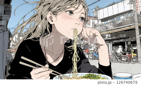 ラーメンを食べている若い女性