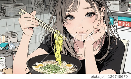 ラーメンを食べている若い女性