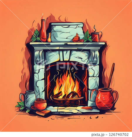 an AI Image Generator, Cozy Illustration of a Fireplace With Glowing Flames an AI Image Generator, Cozy Illustration of a Fireplace With Glowing Flames 126740702