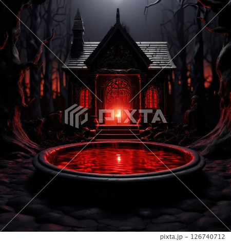 an AI Image Generator, Mystical Red Fountain in an Enchanted Forest at Night 126740712