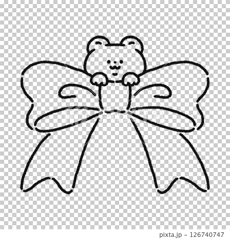 リボンからひょっこり顔を出すかわいいクマ　線画 126740747