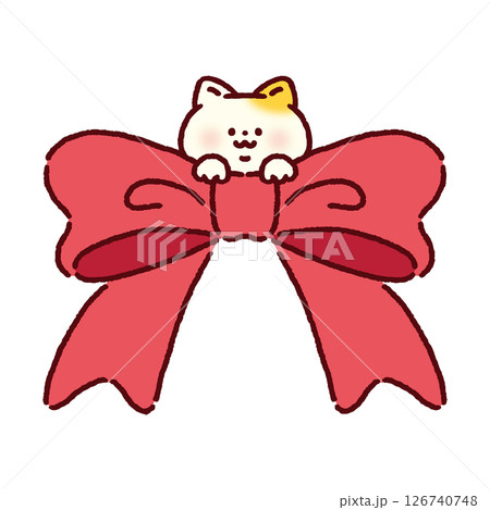 リボンからひょっこり顔を出すかわいいネコ 126740748