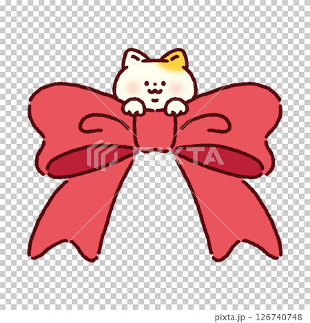 リボンからひょっこり顔を出すかわいいネコ 126740748