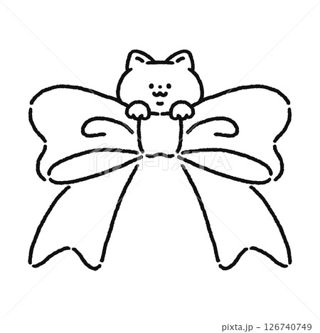 リボンからひょっこり顔を出すかわいいネコ　線画 126740749