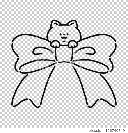 リボンからひょっこり顔を出すかわいいネコ　線画 126740749