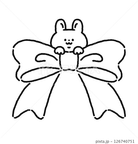 リボンからひょっこり顔を出すかわいいウサギ 線画 リボンからひょっこり顔を出すかわいいウサギ 線画 126740751