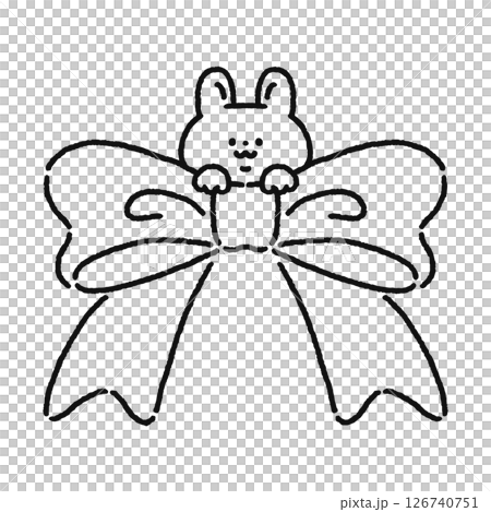 リボンからひょっこり顔を出すかわいいウサギ 線画 リボンからひょっこり顔を出すかわいいウサギ 線画 126740751