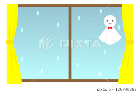 雨空の窓に吊るされたテルテル坊主のイラスト 126740863