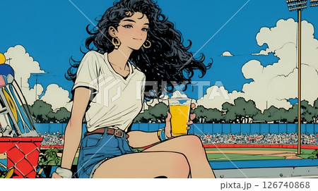 野球などの屋外スポーツを観戦しながら、ビールを楽しむ若い女性。