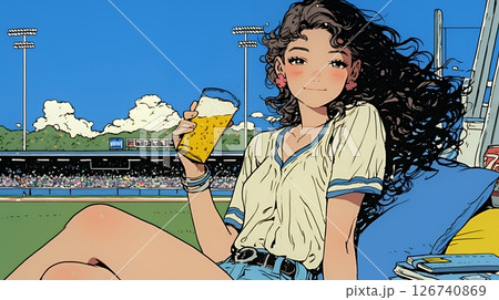 野球などの屋外スポーツを観戦しながら、ビールを楽しむ若い女性。