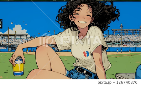 野球などの屋外スポーツを観戦しながら、ビールを楽しむ若い女性。
