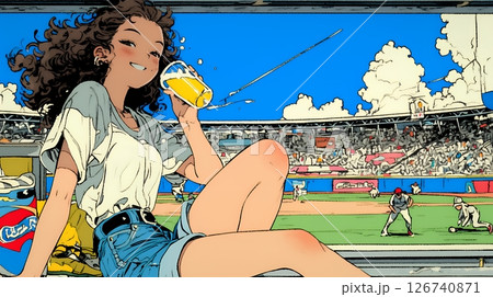 野球などの屋外スポーツを観戦しながら、ビールを楽しむ若い女性。