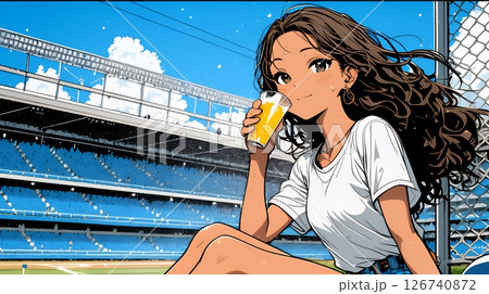 野球などの屋外スポーツを観戦しながら、ビールを楽しむ若い女性。