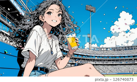 野球などの屋外スポーツを観戦しながら、ビールを楽しむ若い女性。