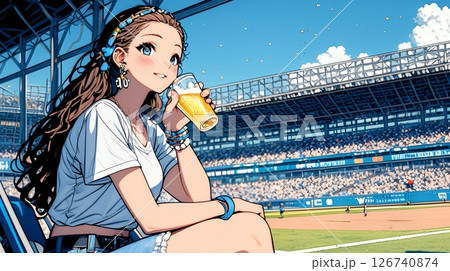 野球などの屋外スポーツを観戦しながら、ビールを楽しむ若い女性。