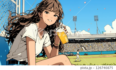 野球などの屋外スポーツを観戦しながら、ビールを楽しむ若い女性。