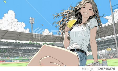 野球などの屋外スポーツを観戦しながら、ビールを楽しむ若い女性。
