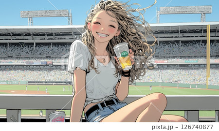 野球などの屋外スポーツを観戦しながら、ビールを楽しむ若い女性。