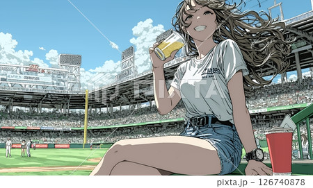 野球などの屋外スポーツを観戦しながら、ビールを楽しむ若い女性。