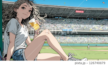 野球などの屋外スポーツを観戦しながら、ビールを楽しむ若い女性。