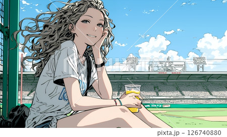 野球などの屋外スポーツを観戦しながら、ビールを楽しむ若い女性。