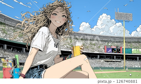 野球などの屋外スポーツを観戦しながら、ビールを楽しむ若い女性。