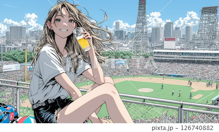 野球などの屋外スポーツを観戦しながら、ビールを楽しむ若い女性。