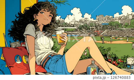 野球などの屋外スポーツを観戦しながら、ビールを楽しむ若い女性。