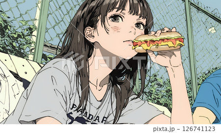 野球などの屋外スポーツを観戦しながら、ホットドッグを頬張る若い女性。