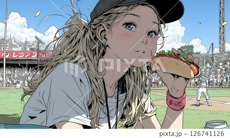 野球などの屋外スポーツを観戦しながら、ホットドッグを頬張る若い女性。